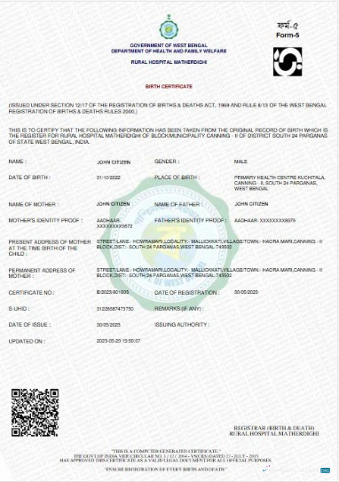 Download India West Bengal Rural hospital birth certificate Photoshop template